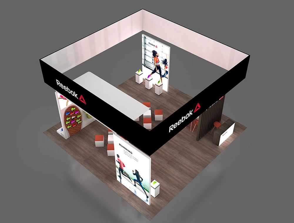 30x30 booth with central reception and demo area